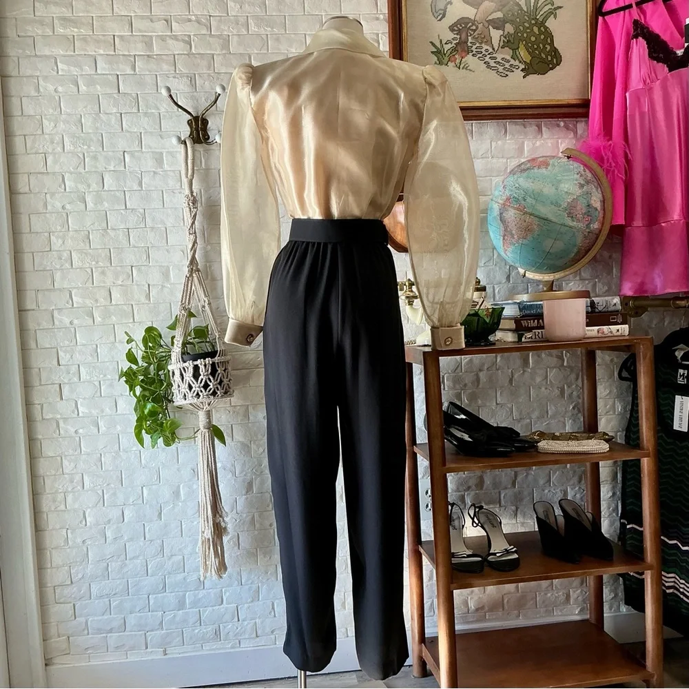 Vintage J.R. Nites by Caliendo Sheer Gold Puff Sleeve Jeweled Belted Jumpsuit - Picture 10 of 16